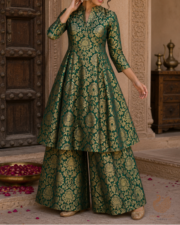 Bottle Green Banarasi Brocade Fabric With All Over Golden Zari Handloom 23317