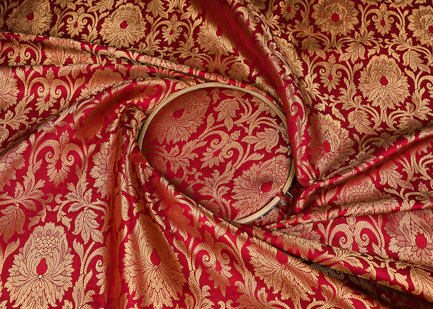 Maroon Banarasi Brocade Fabric With All Over Golden Zari Handloom 23318