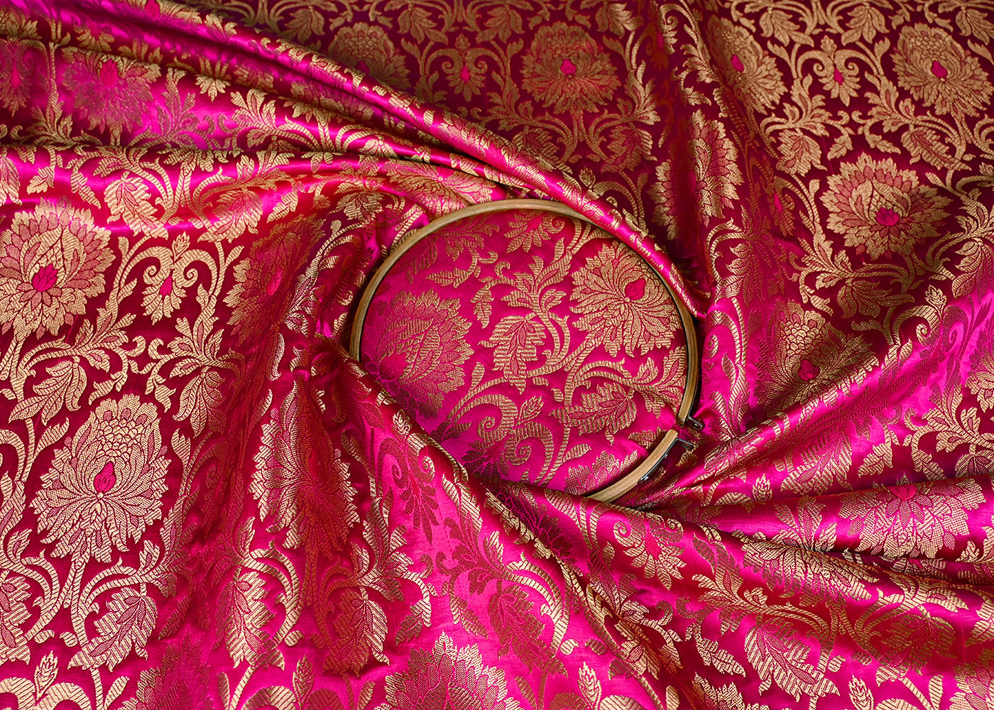 Pink Banarasi Brocade Fabric With All Over Golden Zari Handloom 23319