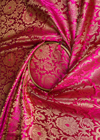 Pink Banarasi Brocade Fabric With All Over Golden Zari Handloom 23319