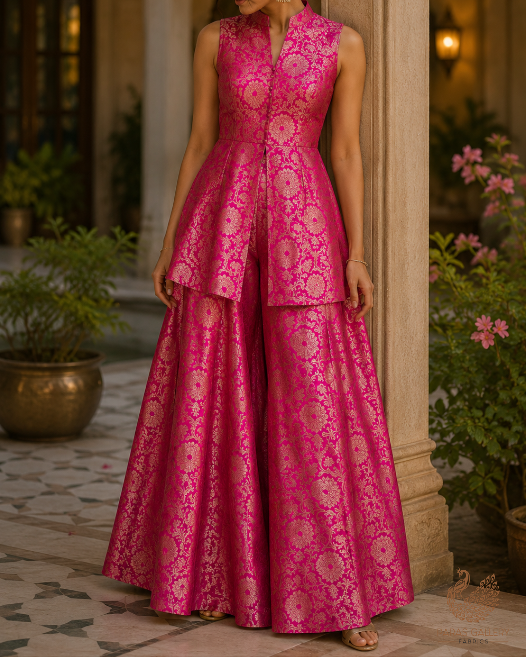Pink Banarasi Brocade Fabric With All Over Golden Zari Handloom 23319