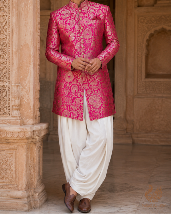 Pink Banarasi Brocade Fabric With All Over Golden Zari Handloom 23319