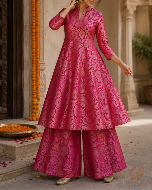 Pink Banarasi Brocade Fabric With All Over Golden Zari Handloom 23319