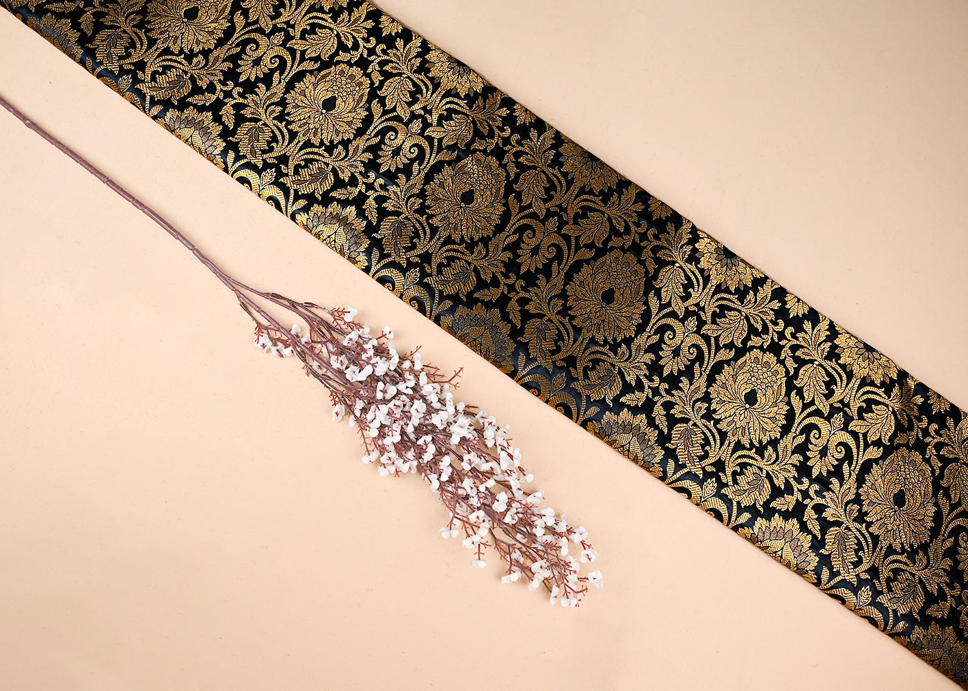 Black Banarasi Brocade Fabric With All Over Golden Zari Handloom 23320