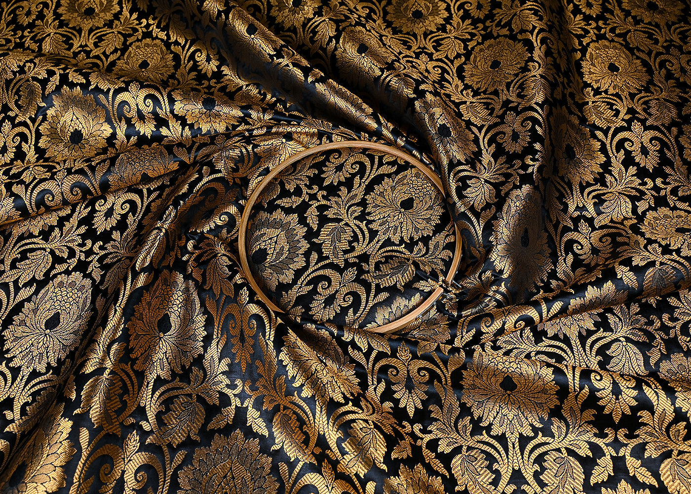 Black Banarasi Brocade Fabric With All Over Golden Zari Handloom 23320