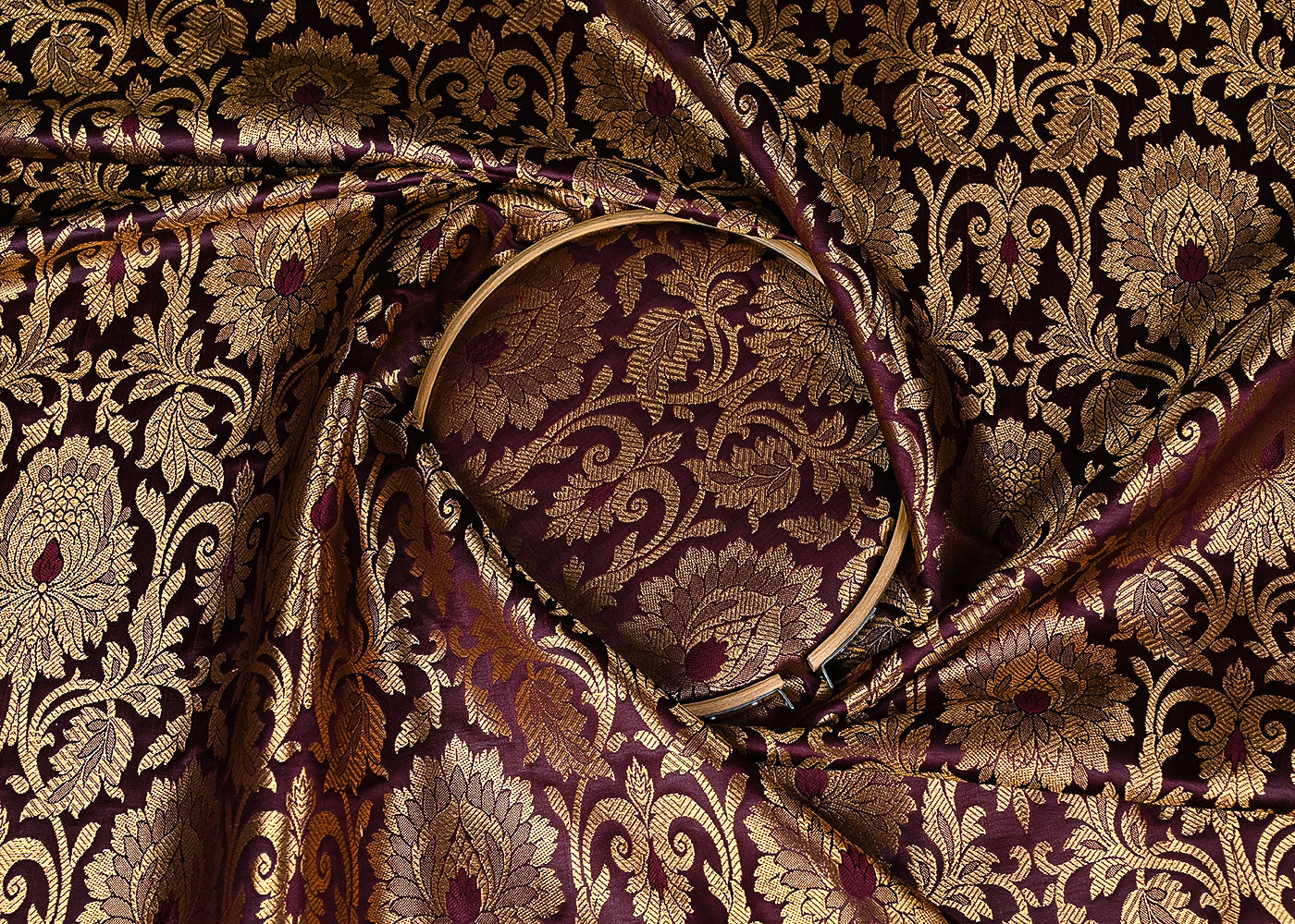 Wine Banarasi Brocade Fabric With All Over Golden Zari Handloom 23321