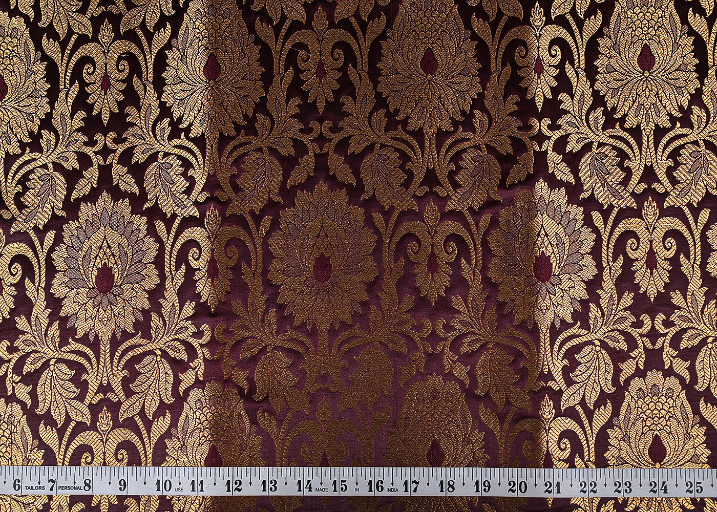 Wine Banarasi Brocade Fabric With All Over Golden Zari Handloom 23321
