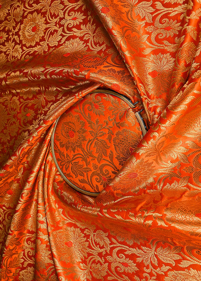 Orange Banarasi Brocade Fabric With All Over Golden Zari Handloom 23322