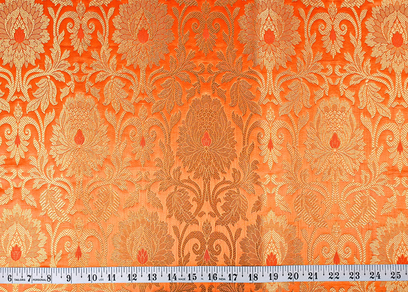 Orange Banarasi Brocade Fabric With All Over Golden Zari Handloom 23322