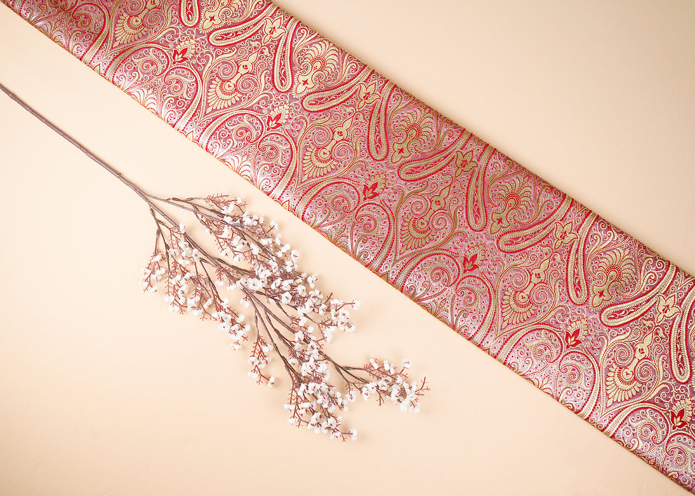 Gajri Pink Banarasi Brocade Fabric With All Over Golden Zari Handloom 23324