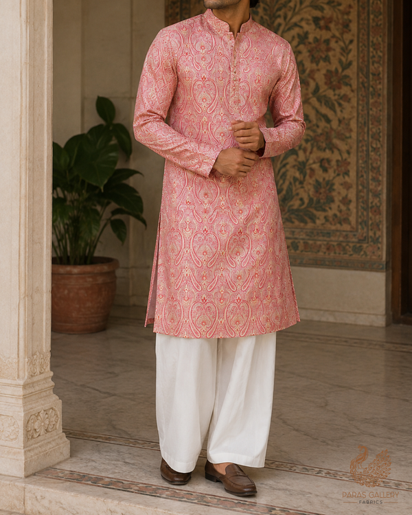Gajri Pink Banarasi Brocade Fabric With All Over Golden Zari Handloom 23324