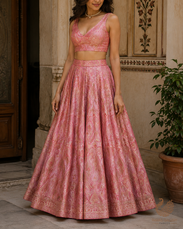 Gajri Pink Banarasi Brocade Fabric With All Over Golden Zari Handloom 23324