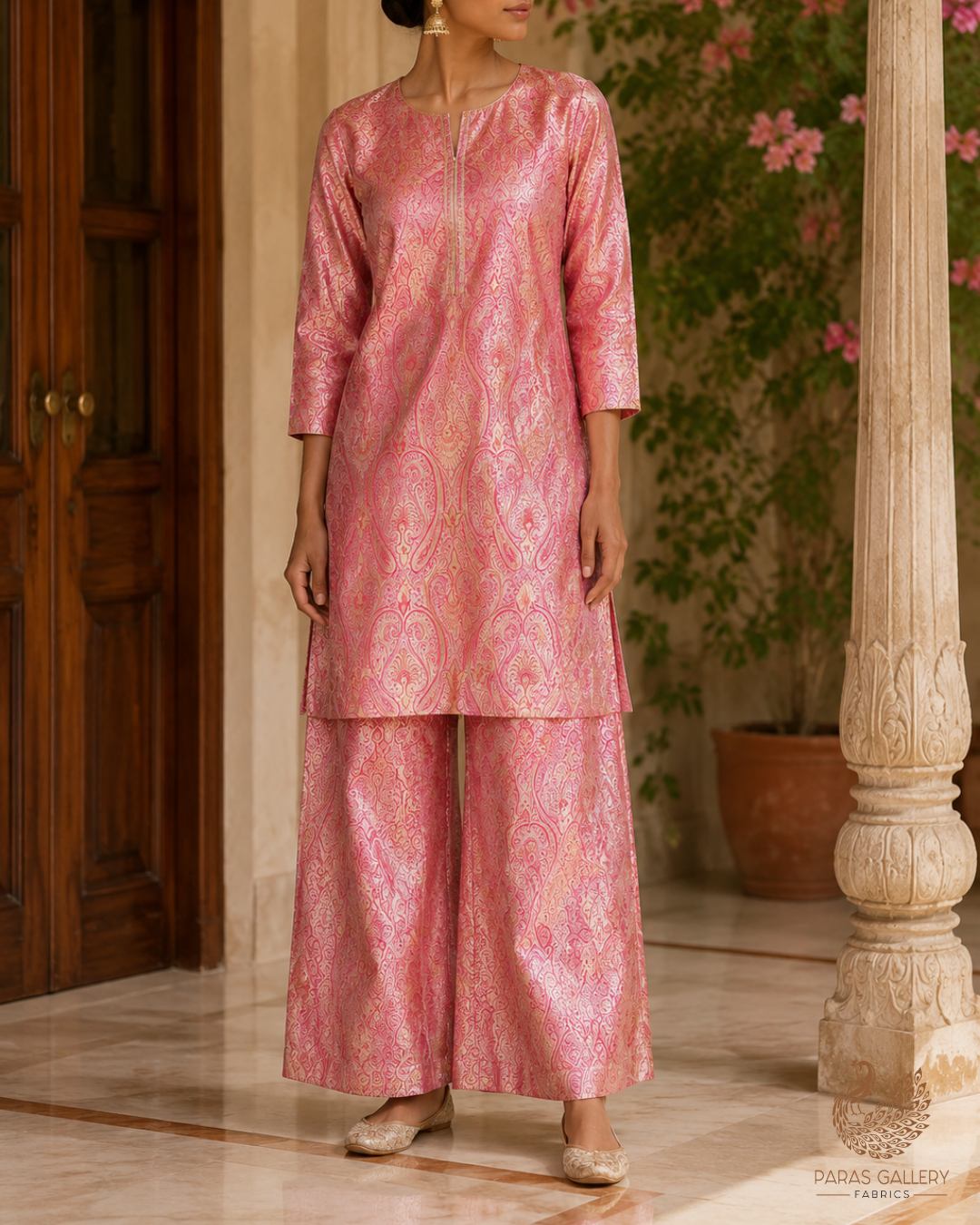 Gajri Pink Banarasi Brocade Fabric With All Over Golden Zari Handloom 23324