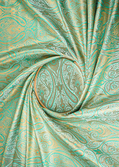 Mint Green Banarasi Brocade Fabric With All Over Golden Zari Handloom 23326