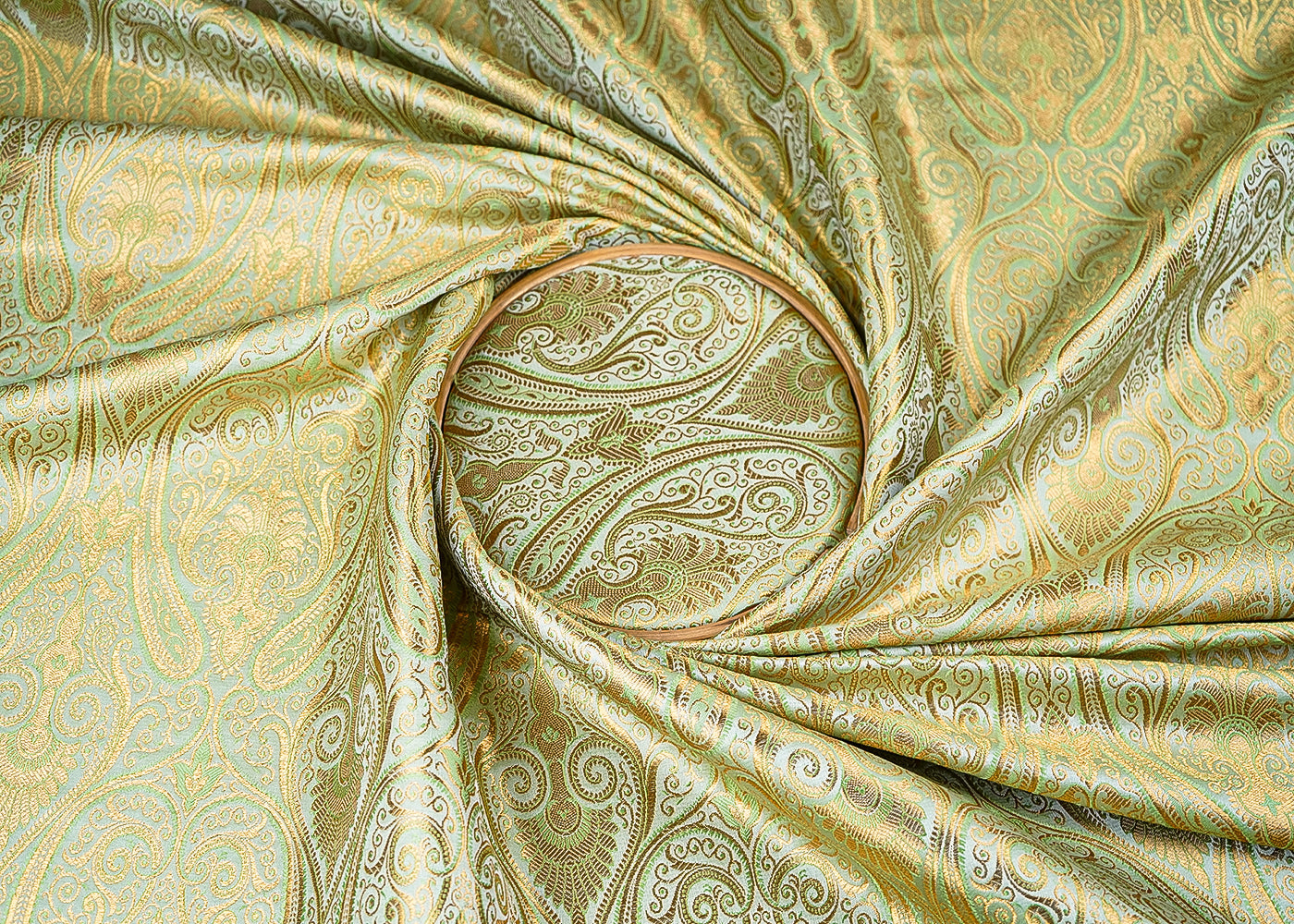 Pista Green Banarasi Brocade Fabric With All Over Golden Zari Handloom 23327