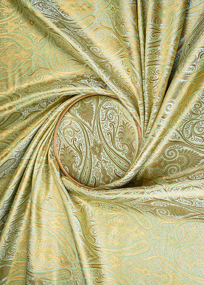 Pista Green Banarasi Brocade Fabric With All Over Golden Zari Handloom 23327