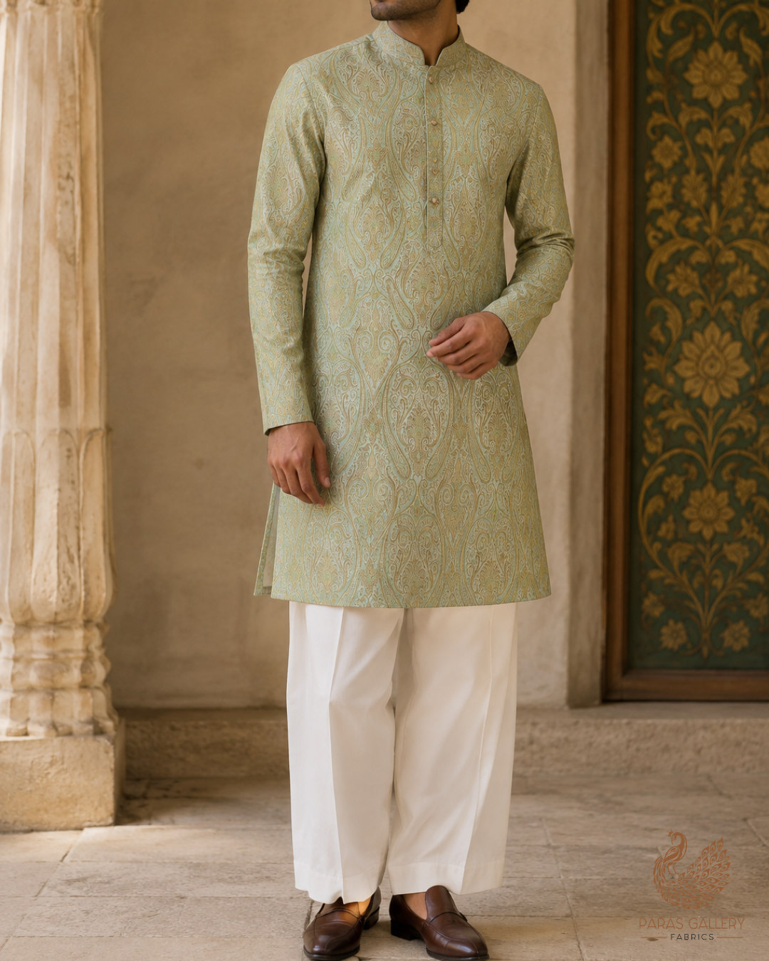 Pista Green Banarasi Brocade Fabric With All Over Golden Zari Handloom 23327