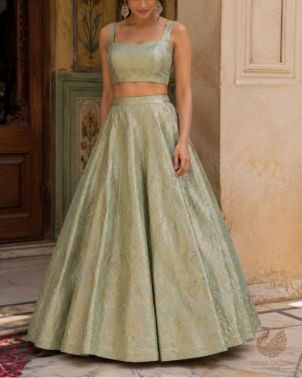 Pista Green Banarasi Brocade Fabric With All Over Golden Zari Handloom 23327