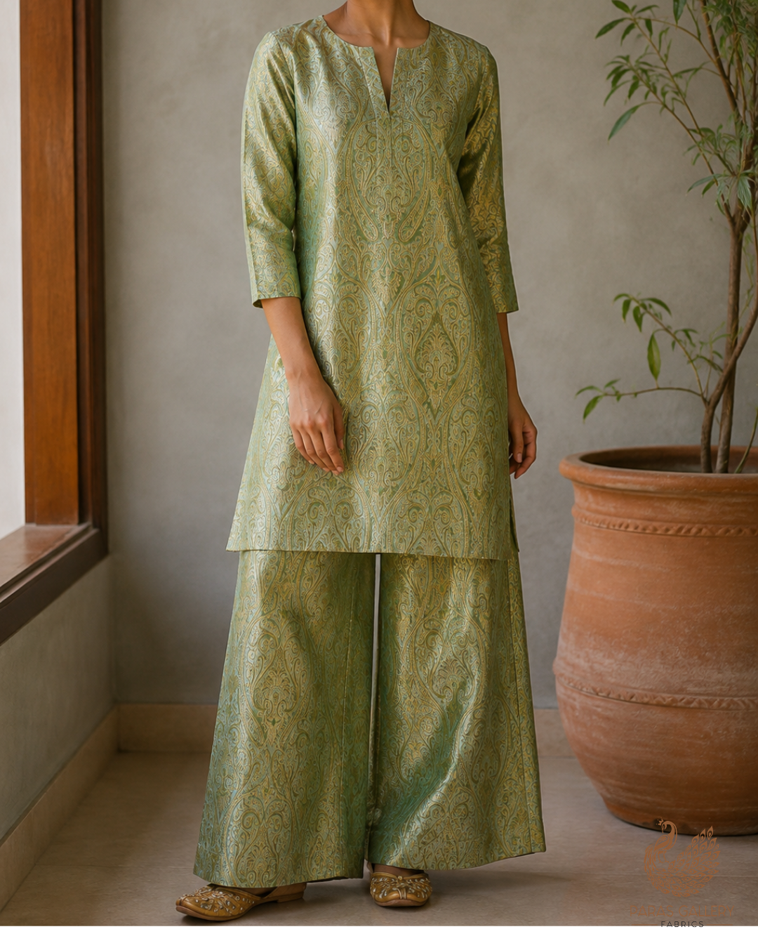 Pista Green Banarasi Brocade Fabric With All Over Golden Zari Handloom 23327