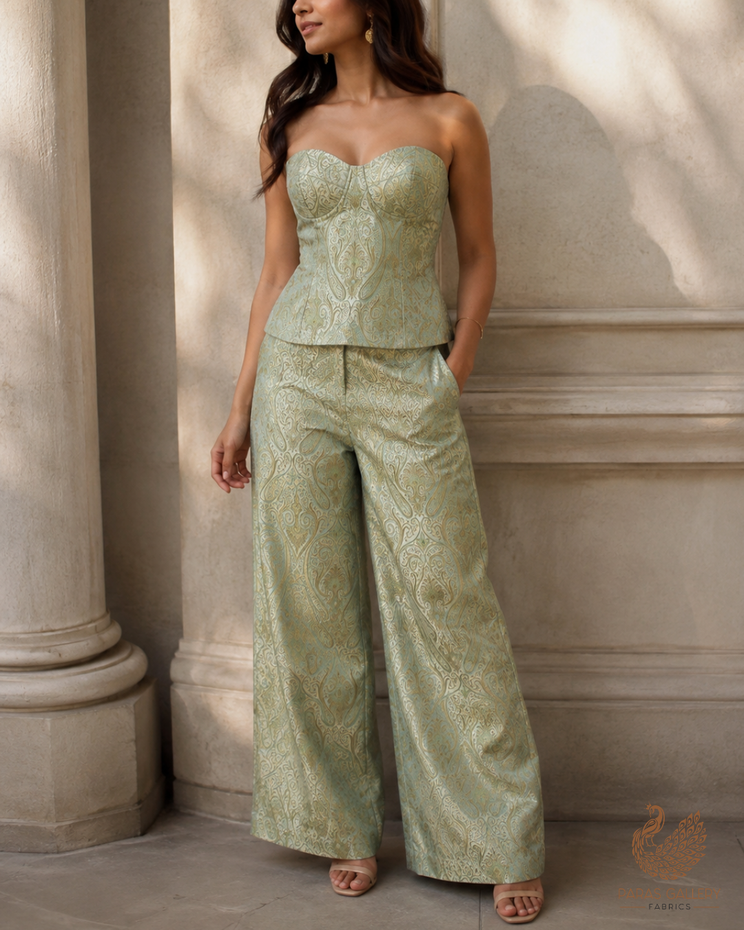 Pista Green Banarasi Brocade Fabric With All Over Golden Zari Handloom 23327