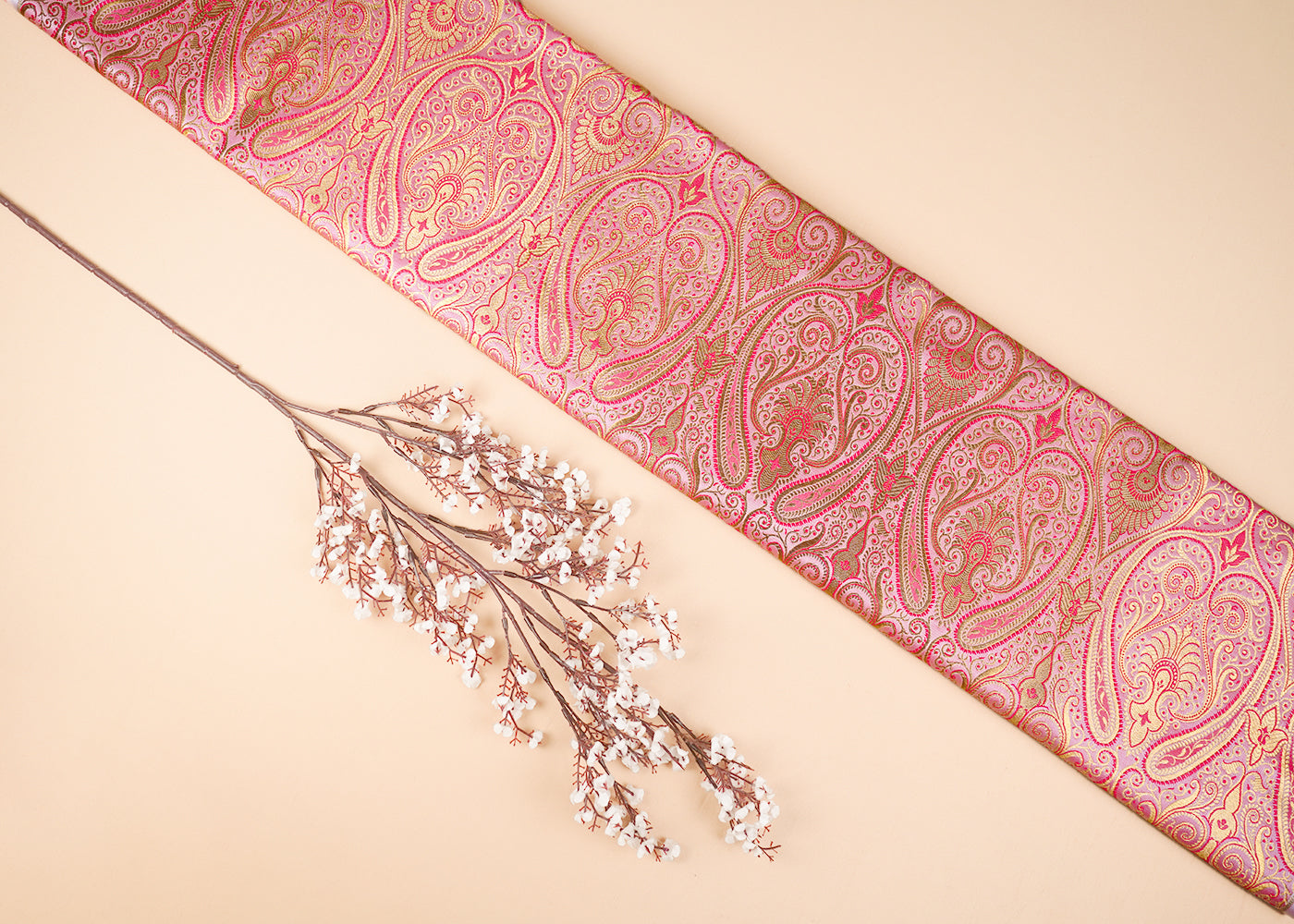 Pink Banarasi Brocade Fabric With All Over Golden Zari Handloom 23328