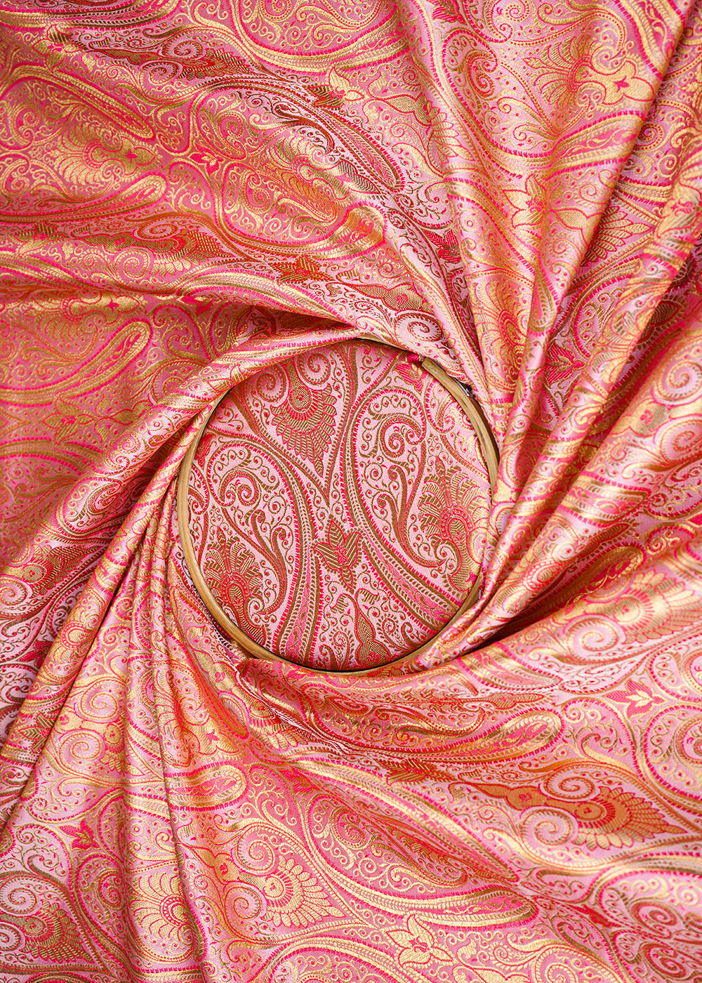 Pink Banarasi Brocade Fabric With All Over Golden Zari Handloom 23328