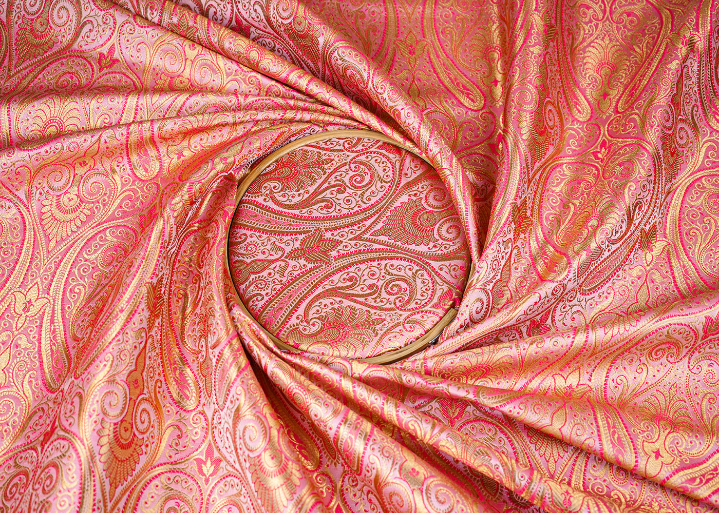 Pink Banarasi Brocade Fabric With All Over Golden Zari Handloom 23328