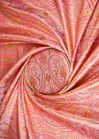 Pink Banarasi Brocade Fabric With All Over Golden Zari Handloom 23328