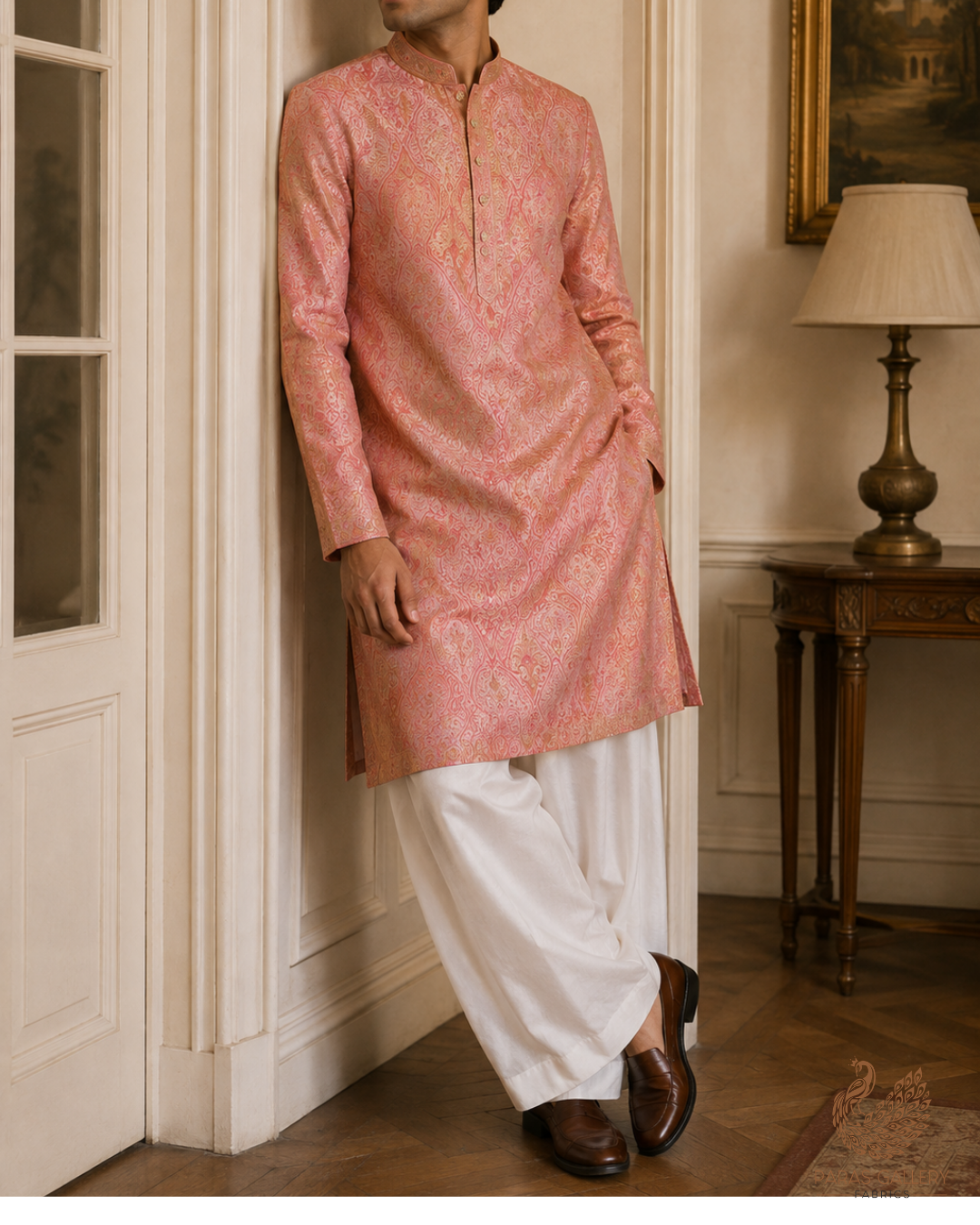 Pink Banarasi Brocade Fabric With All Over Golden Zari Handloom 23328