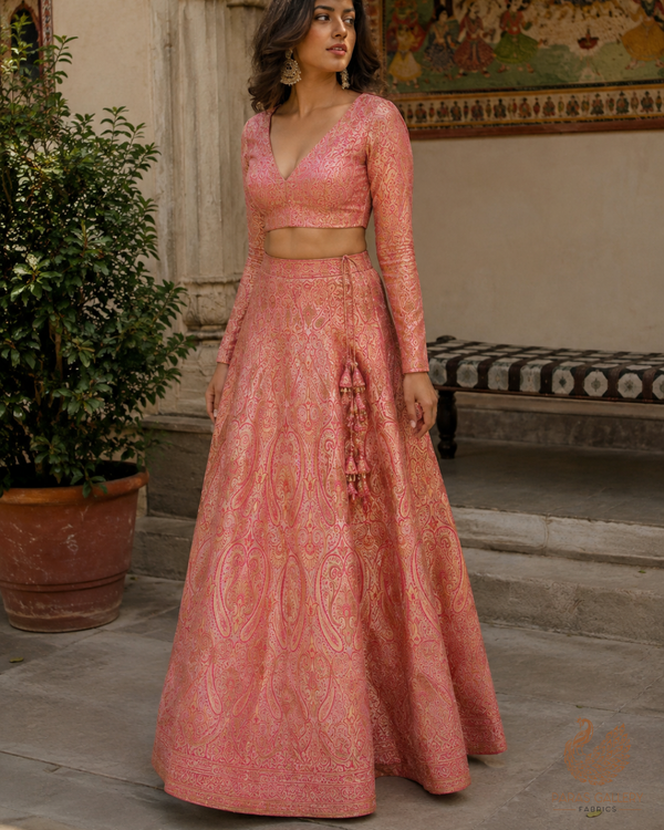 Pink Banarasi Brocade Fabric With All Over Golden Zari Handloom 23328