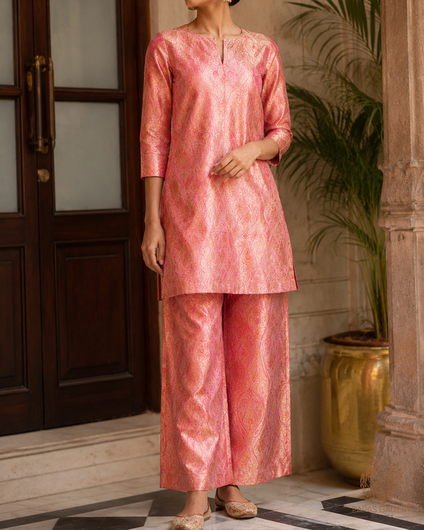 Pink Banarasi Brocade Fabric With All Over Golden Zari Handloom 23328