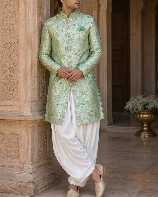 Light Pista Green Banarasi Brocade Fabric With All Over Golden Zari Handloom 23329