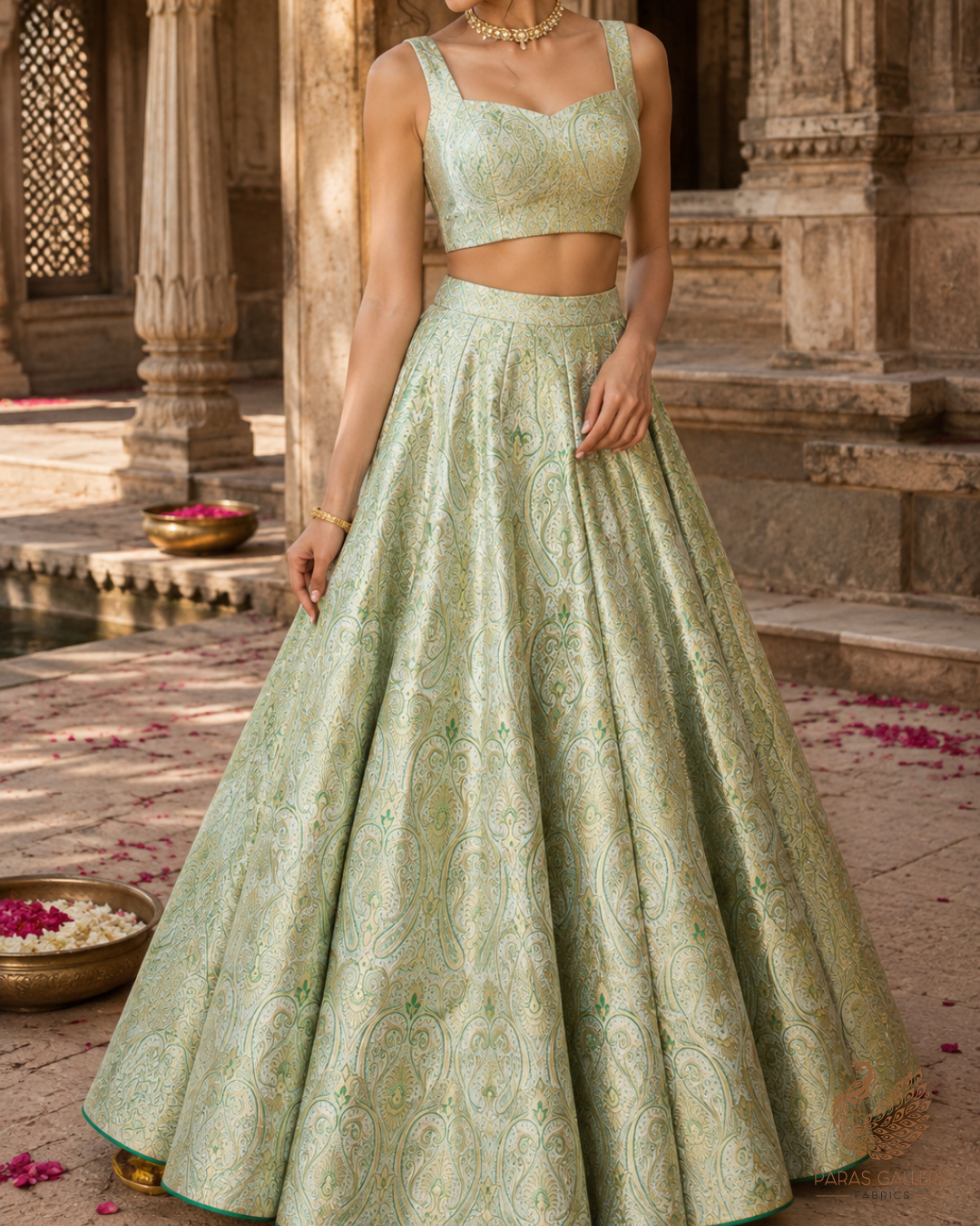 Light Pista Green Banarasi Brocade Fabric With All Over Golden Zari Handloom 23329