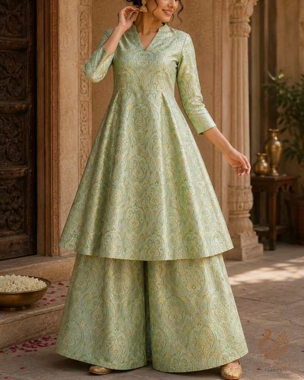 Light Pista Green Banarasi Brocade Fabric With All Over Golden Zari Handloom 23329