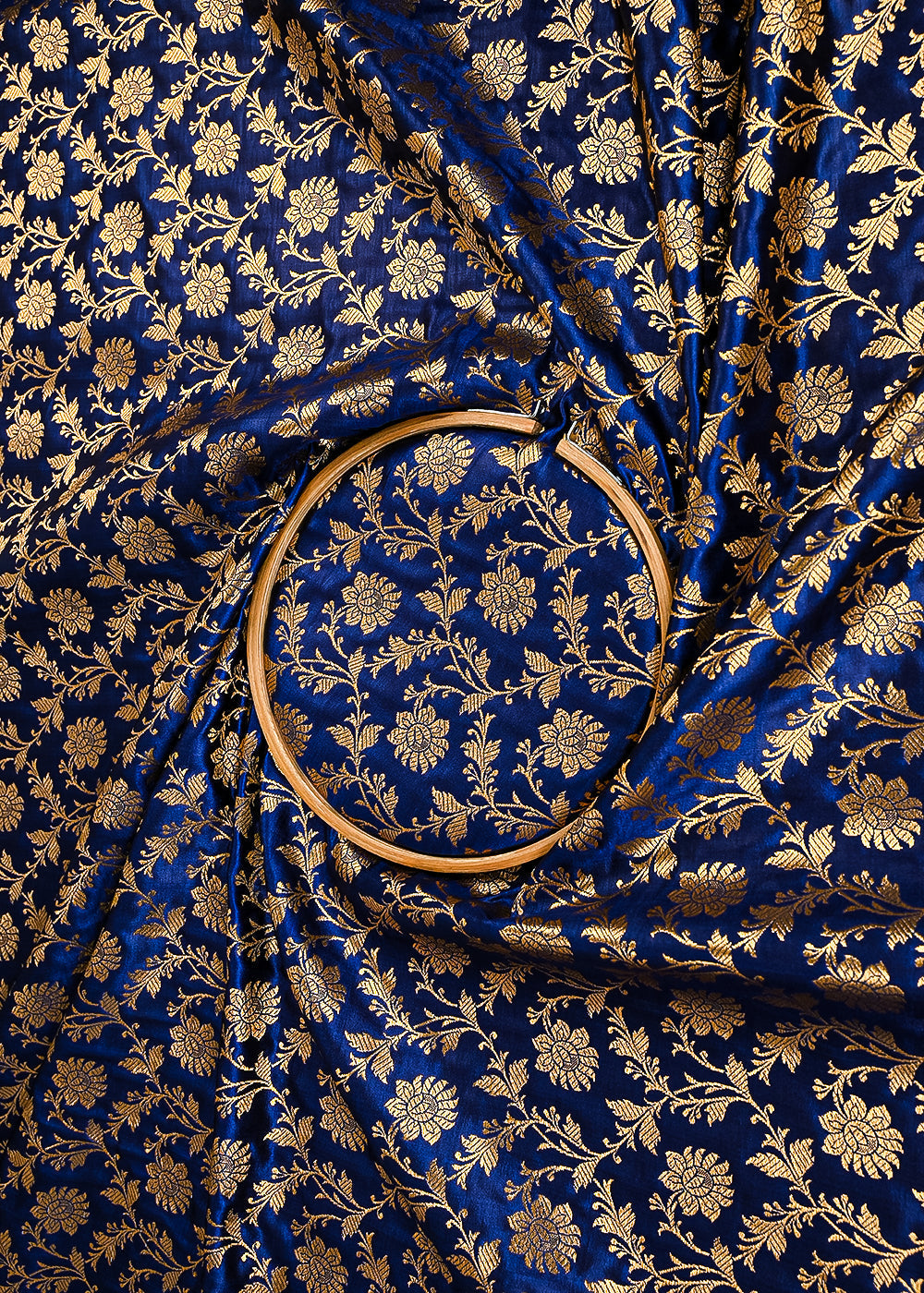 Navy Blue Banarasi Brocade Fabric With All Over Golden Zari Handloom 23331