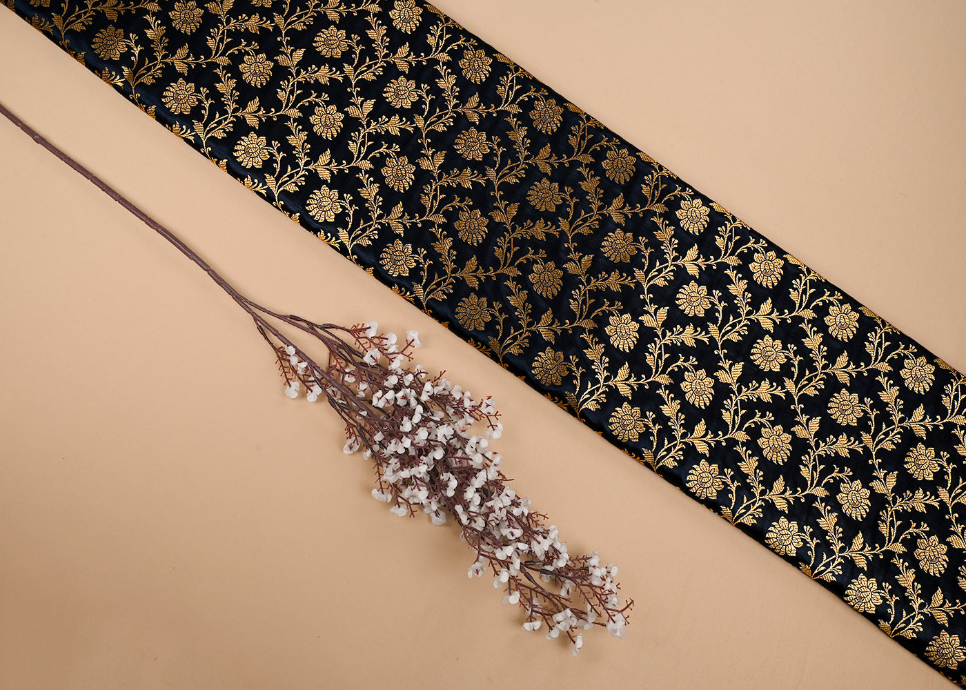 Black Banarasi Brocade Fabric With All Over Golden Zari Handloom 23332