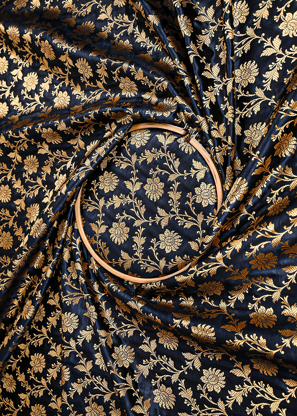 Black Banarasi Brocade Fabric With All Over Golden Zari Handloom 23332
