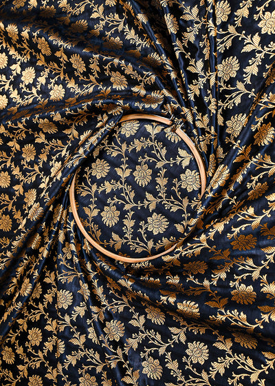 Black Banarasi Brocade Fabric With All Over Golden Zari Handloom 23332