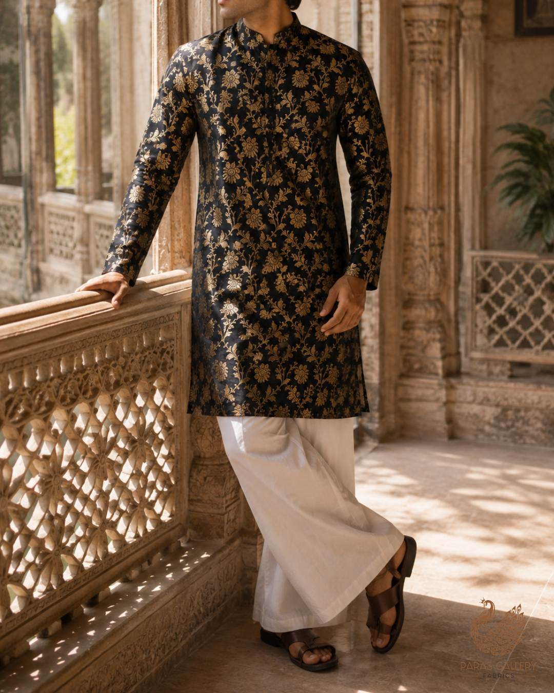 Black Banarasi Brocade Fabric With All Over Golden Zari Handloom 23332