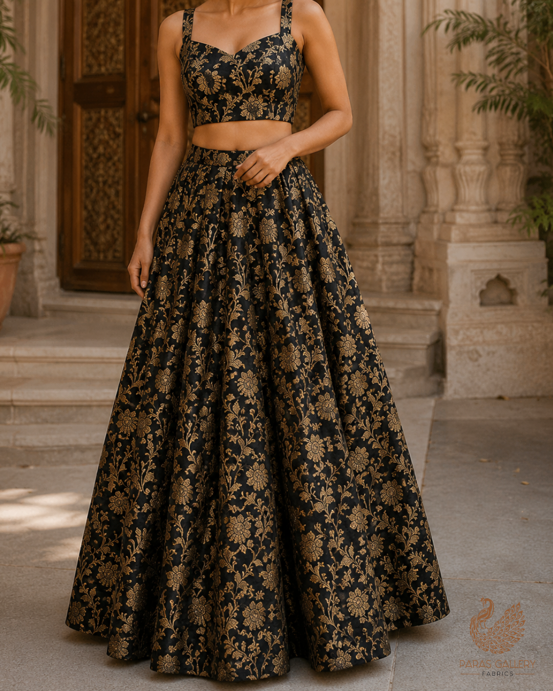 Black Banarasi Brocade Fabric With All Over Golden Zari Handloom 23332
