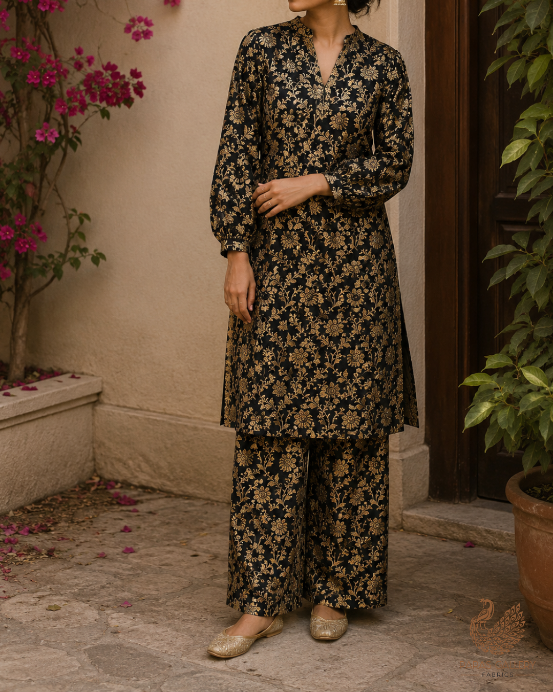 Black Banarasi Brocade Fabric With All Over Golden Zari Handloom 23332