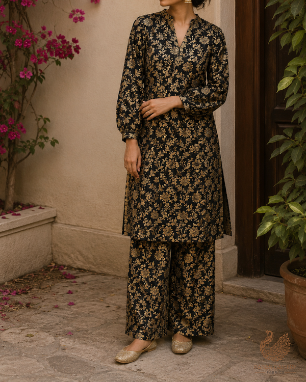 Black Banarasi Brocade Fabric With All Over Golden Zari Handloom 23332