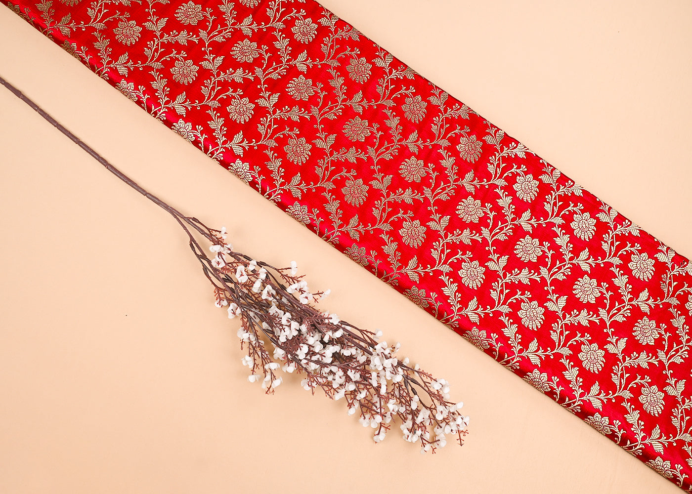 Red Banarasi Brocade Fabric With All Over Golden Zari Handloom 23333