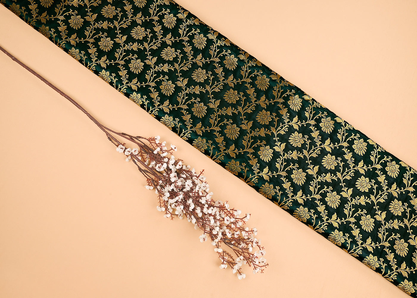 Bottle Green Banarasi Brocade Fabric With All Over Golden Zari Handloom 23334