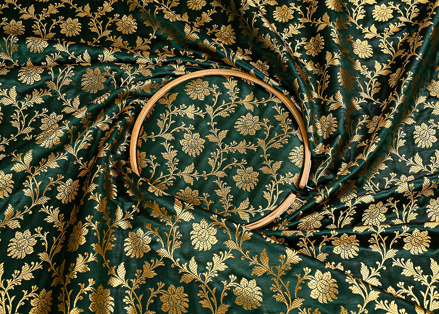 Bottle Green Banarasi Brocade Fabric With All Over Golden Zari Handloom 23334