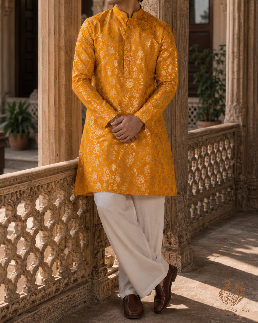 Mustard Banarasi Brocade Fabric With All Over Golden Zari Handloom 23335