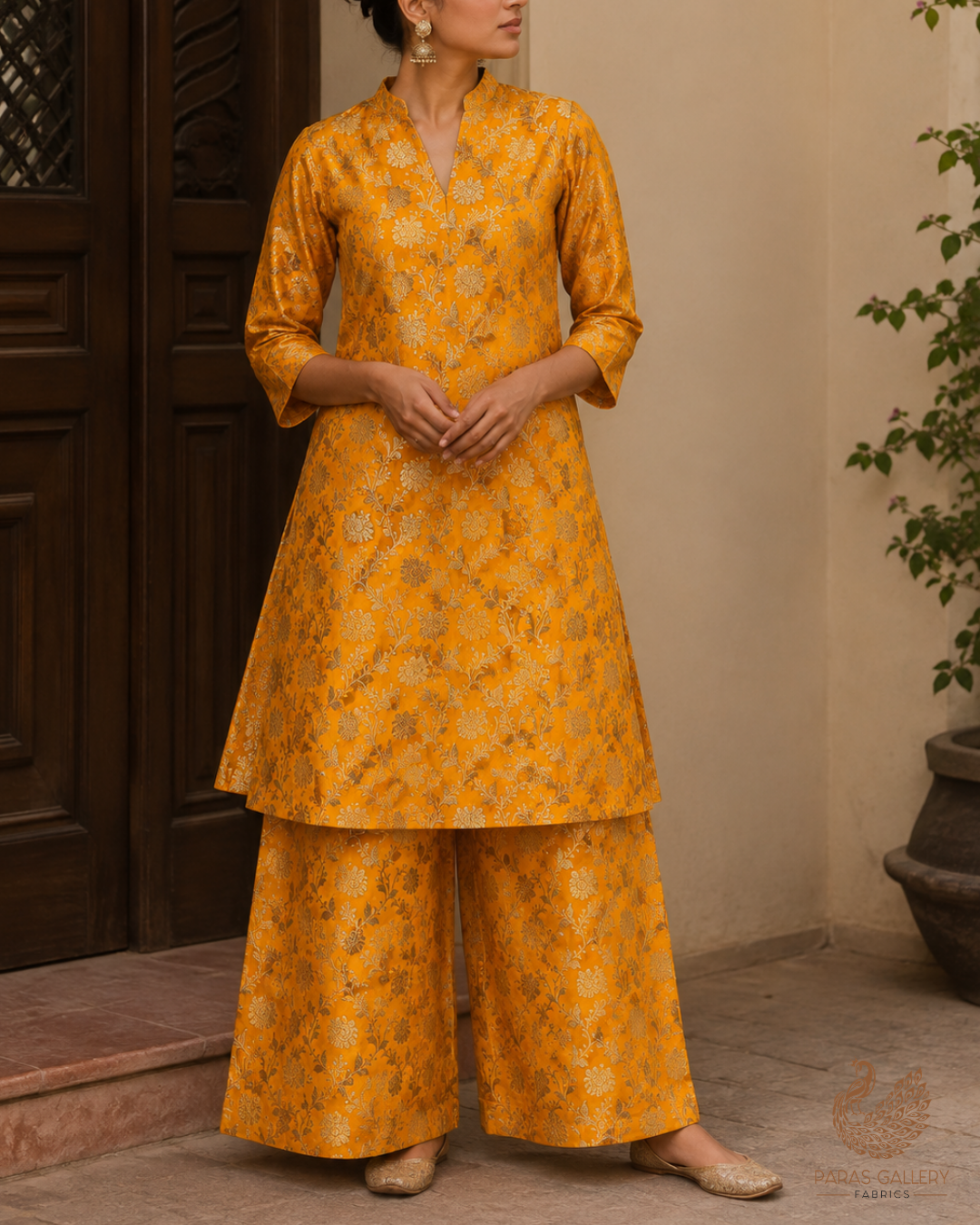 Mustard Banarasi Brocade Fabric With All Over Golden Zari Handloom 23335