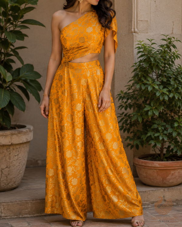 Mustard Banarasi Brocade Fabric With All Over Golden Zari Handloom 23335