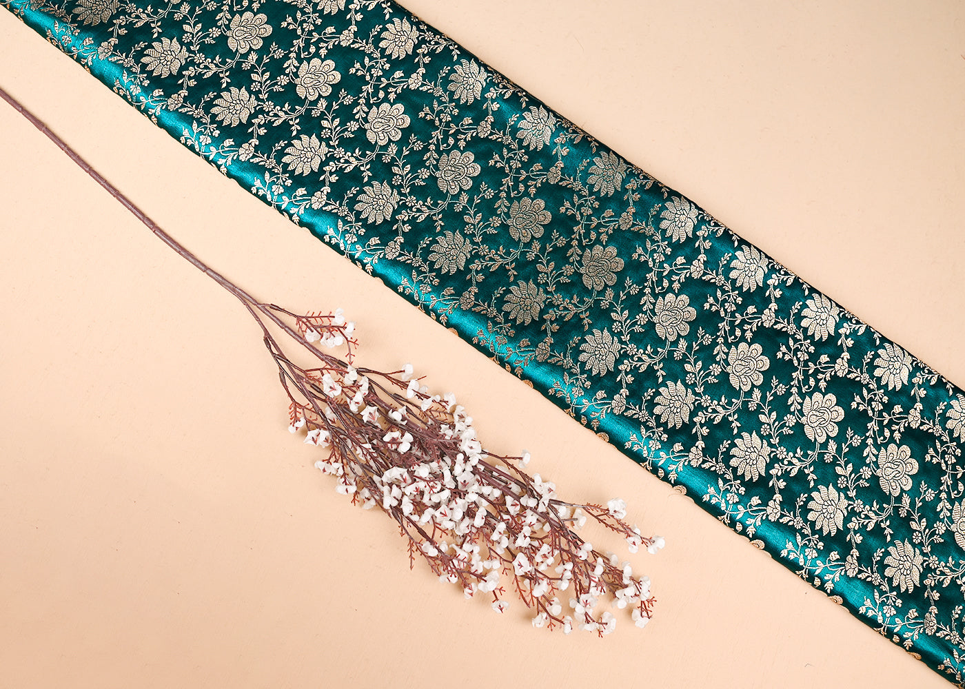 Teal Green Banarasi Brocade Fabric With All Over Golden Zari Handloom 23339