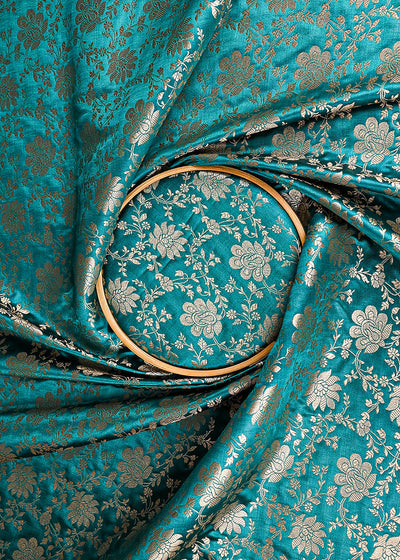 Teal Green Banarasi Brocade Fabric With All Over Golden Zari Handloom 23339